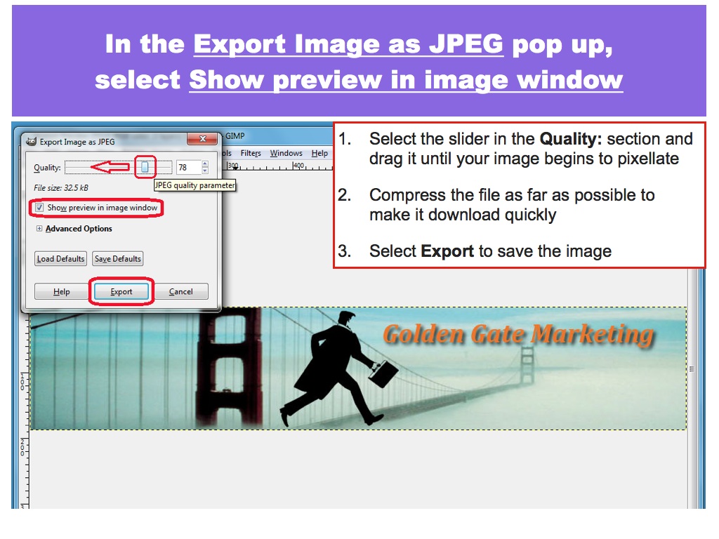 Select Show Preview and drag the Quality Slider to Compress the image