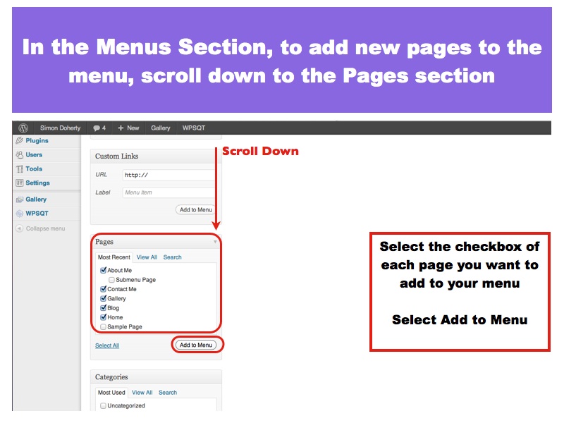 Choose Pages to add to the menu