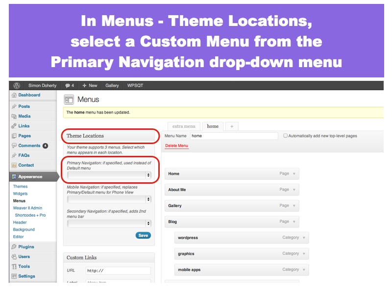 Select a Custom Menu from the Primary Navigation menu