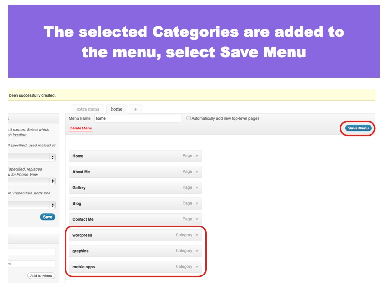 Selected Categories are added to the Menu
